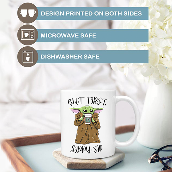 Starwars Baby Yoda Grogu White Coffee Mug “But First, Sippy Sip” Cute  Office Cup