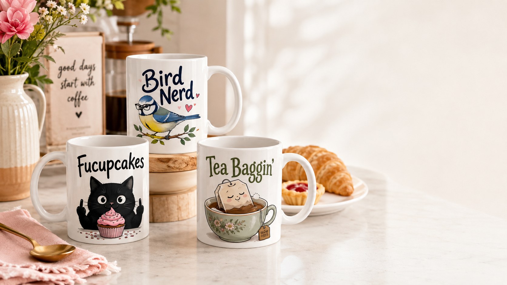Three funny Switzer Kreations coffee mugs styled in a bright kitchen